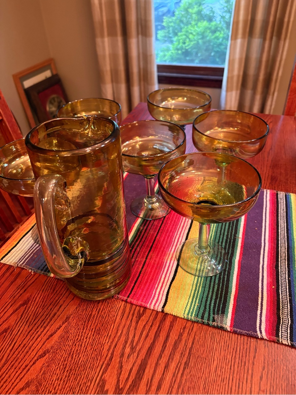 Vintage Mexican Hand Blown Amber Glass Margarita Set - Pitcher & 6 Glasses